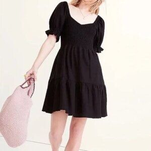 Madewell Black Linen-Blend Lucie Short Puff Sleeve Smocked Mini Dress Size L
